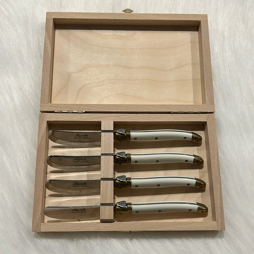 Vtg Laguiole Ivory 4 Piece Cheese Knife Set in Wooden Box, New